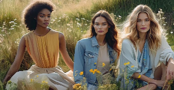 A diverse group of models wearing sustainable fashion, posed in a sunny grassy field with wildflowers, showcasing soft pastel and earthy tones.