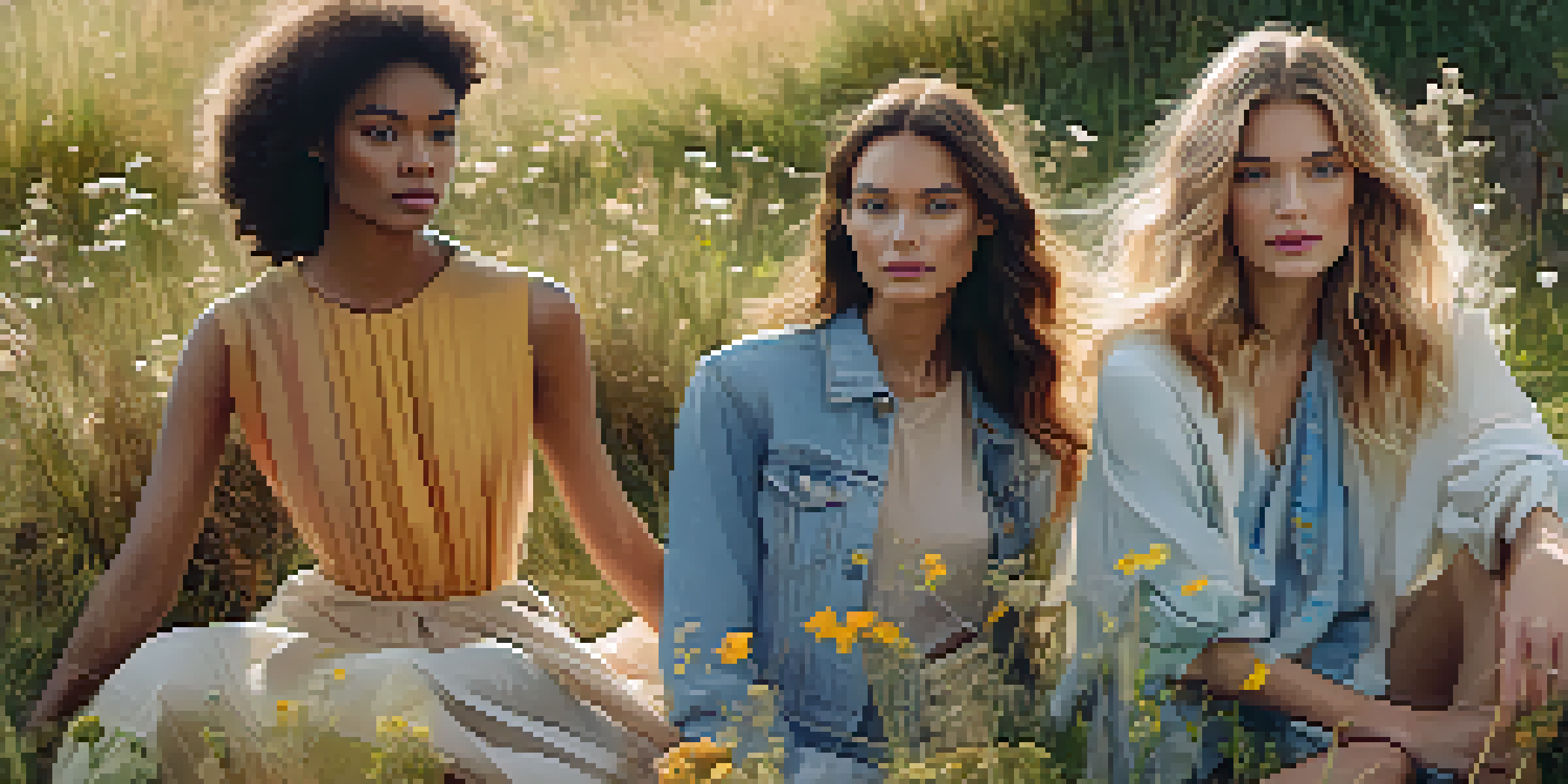 A diverse group of models wearing sustainable fashion, posed in a sunny grassy field with wildflowers, showcasing soft pastel and earthy tones.