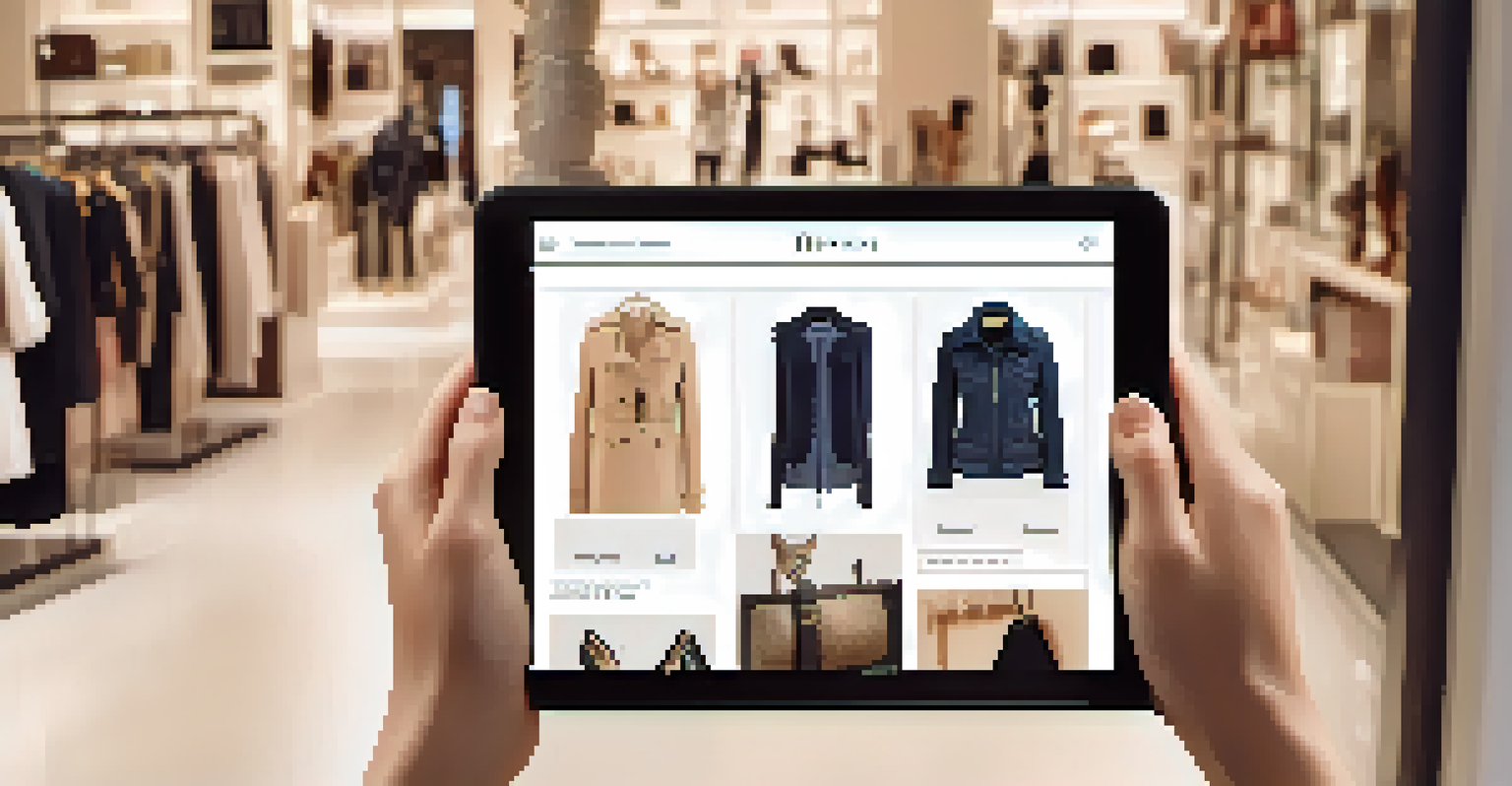 A customer using a tablet to browse a fashion website inside a boutique, with stylish clothing and accessories in the background.