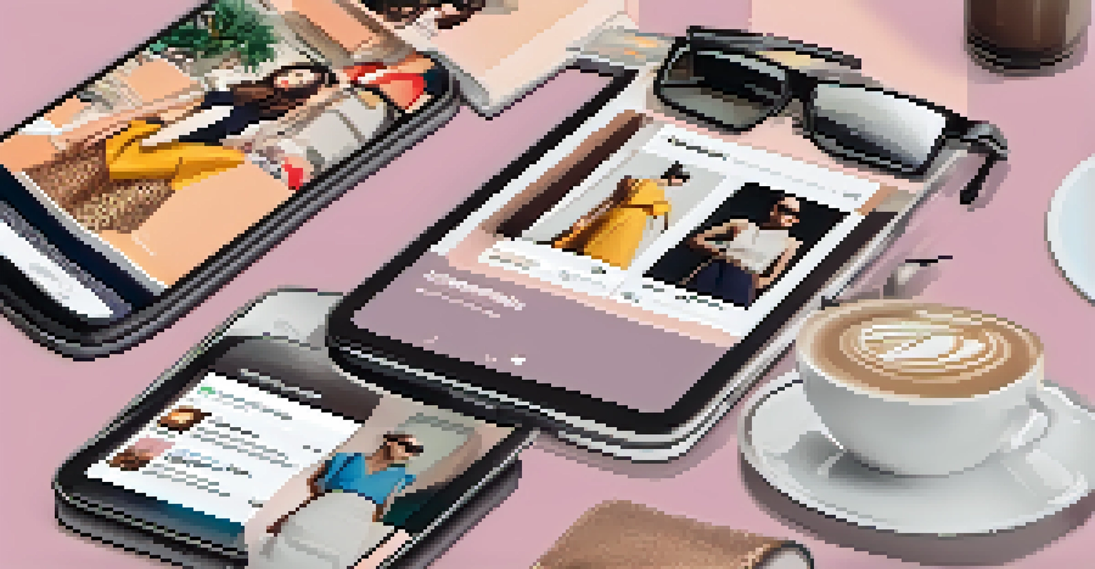 A smartphone displaying a fashion brand's engaging Instagram feed, with colorful posts and a stylish workspace in the background.