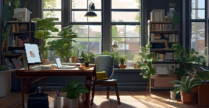 A gig worker in a cozy home office, wearing comfortable athleisure, surrounded by plants and natural light.