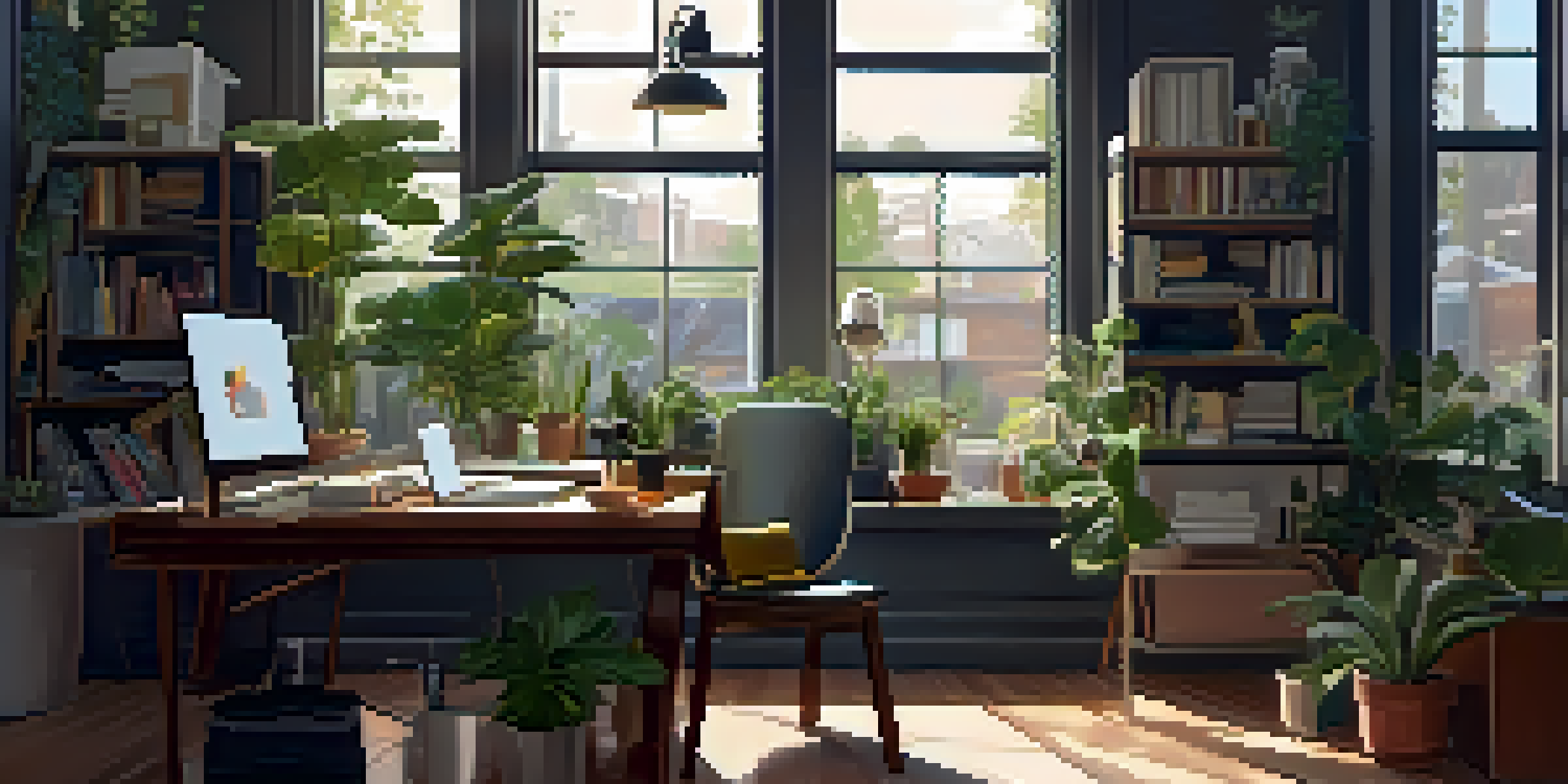 A gig worker in a cozy home office, wearing comfortable athleisure, surrounded by plants and natural light.