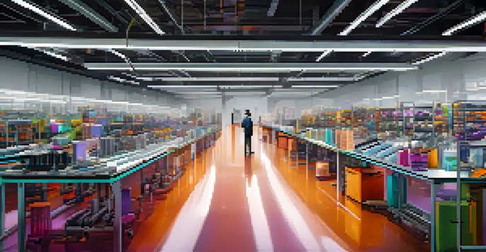 A futuristic fashion supply chain scene showing robots assembling clothes and designers collaborating with digital tools.