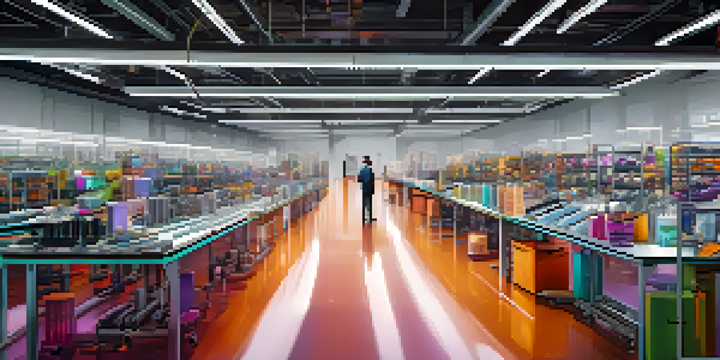 A futuristic fashion supply chain scene showing robots assembling clothes and designers collaborating with digital tools.