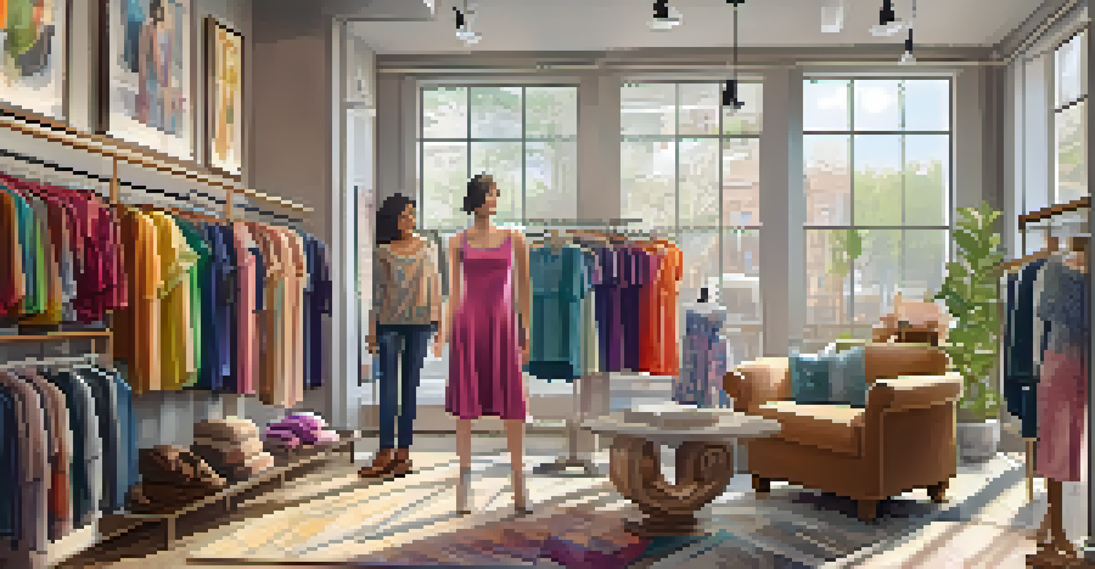 An inviting boutique interior showcasing a variety of clothing styles for all body types, with inspirational quotes on the walls.