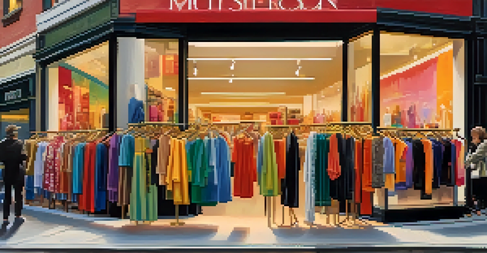 A lively street scene with a fast fashion store displaying colorful clothing and shoppers enjoying their shopping experience.