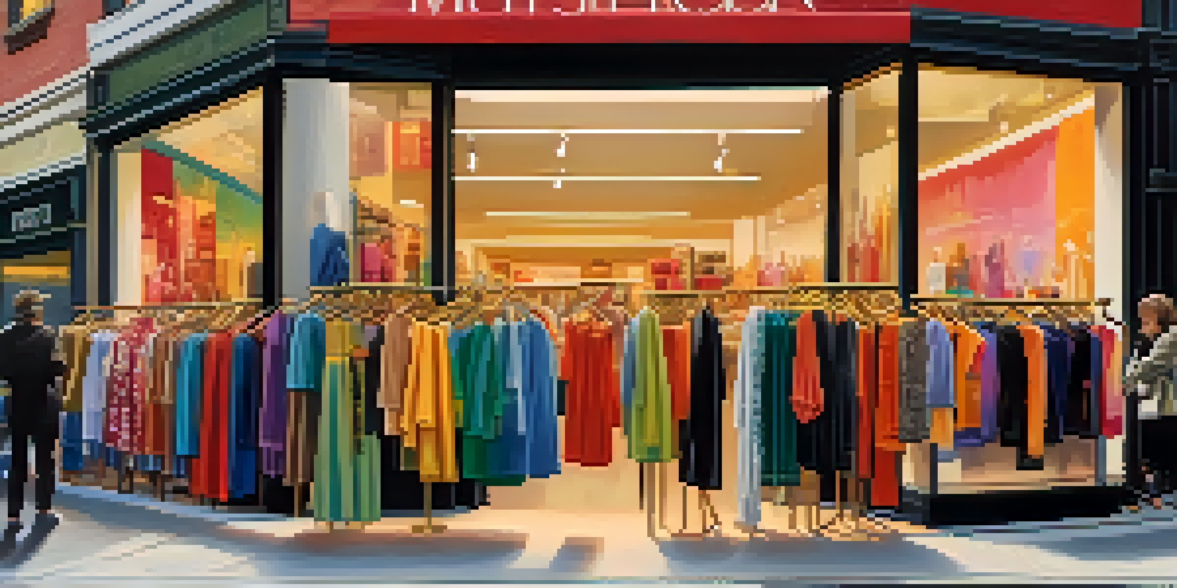 A lively street scene with a fast fashion store displaying colorful clothing and shoppers enjoying their shopping experience.