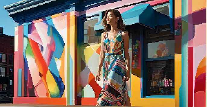 A stylish model in a colorful dress stands in front of a vibrant mural, with sunlight casting shadows around them.