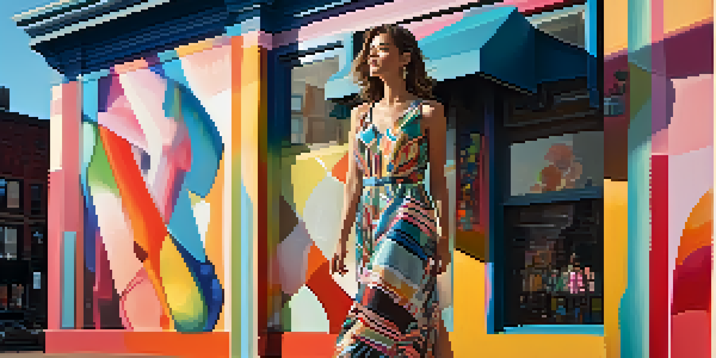 A stylish model in a colorful dress stands in front of a vibrant mural, with sunlight casting shadows around them.