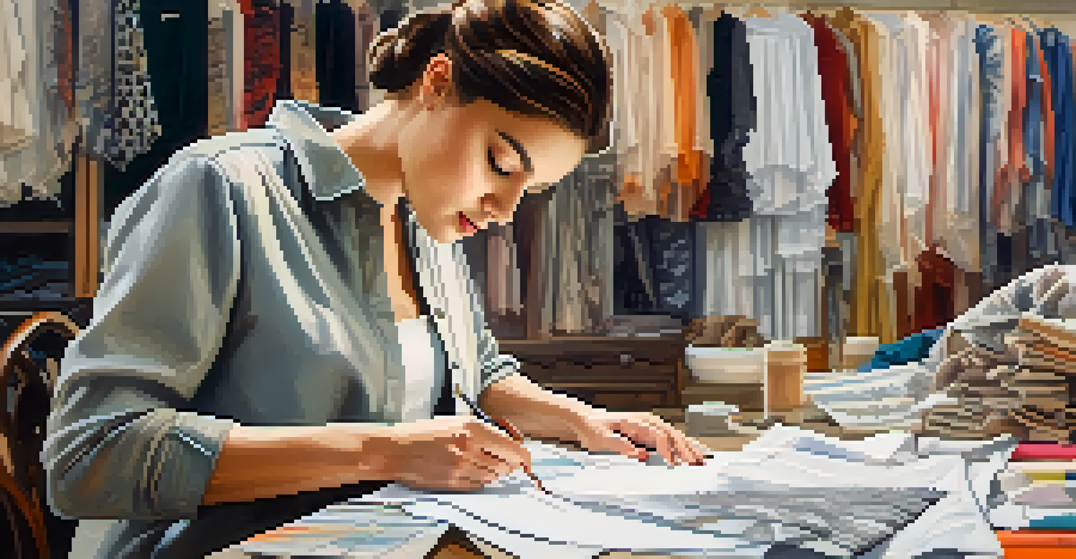A fashion designer in a well-lit workshop, surrounded by sketches and fabric swatches, deeply focused on creating a garment that blends tradition and modernity.