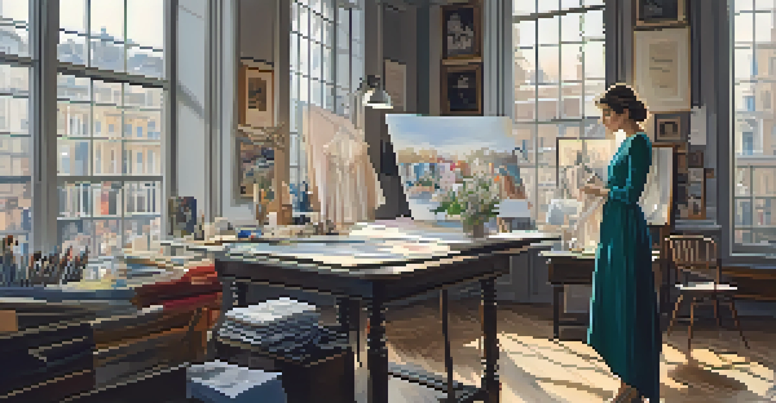 A fashion designer at work in a bright studio filled with fabric swatches and a mannequin, showcasing creativity and focus.