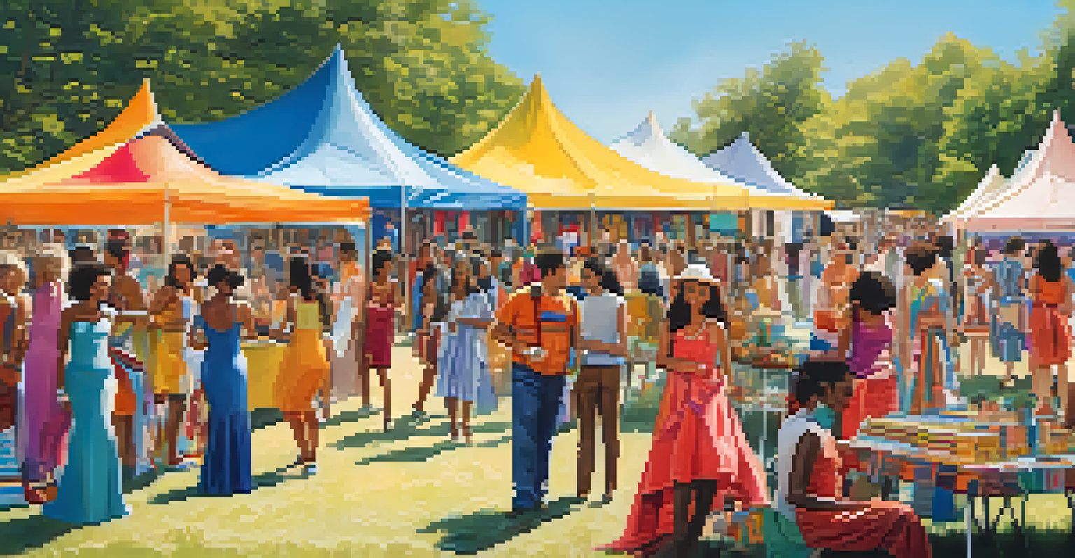 A vibrant community fashion event in a park with diverse attendees engaging in activities and showcasing clothing from different cultures under colorful tents.