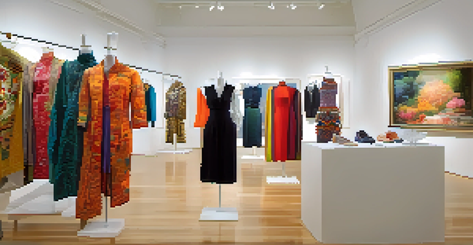 An art gallery filled with fashionable garments displayed against white walls, with visitors admiring the artwork and engaging in conversation.