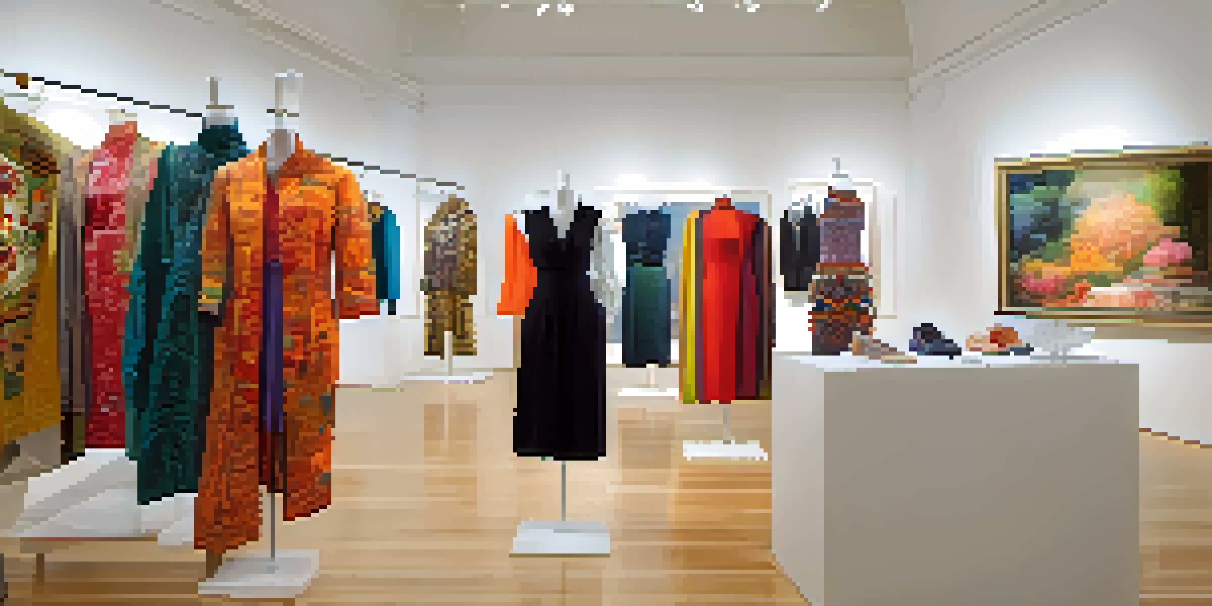 An art gallery filled with fashionable garments displayed against white walls, with visitors admiring the artwork and engaging in conversation.