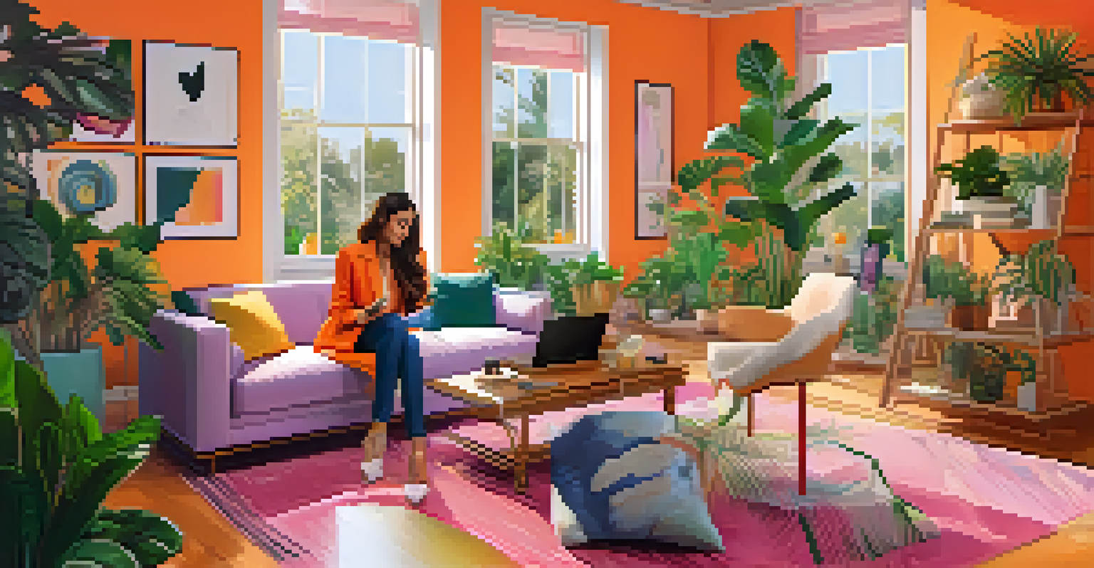 A fashion influencer engaging with their audience during a live stream in a stylish room filled with plants and fashion items, highlighted by bright colors and warm lighting.