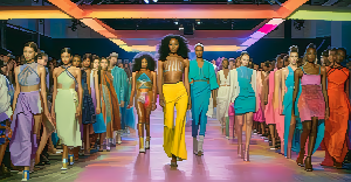 A fashion show with diverse models wearing unisex clothing, blending masculine and feminine styles, under colorful lights.