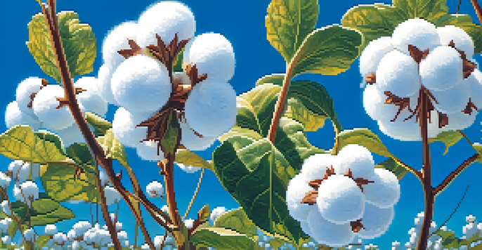 Close-up of organic cotton plants with fluffy white bolls and green leaves under a blue sky.