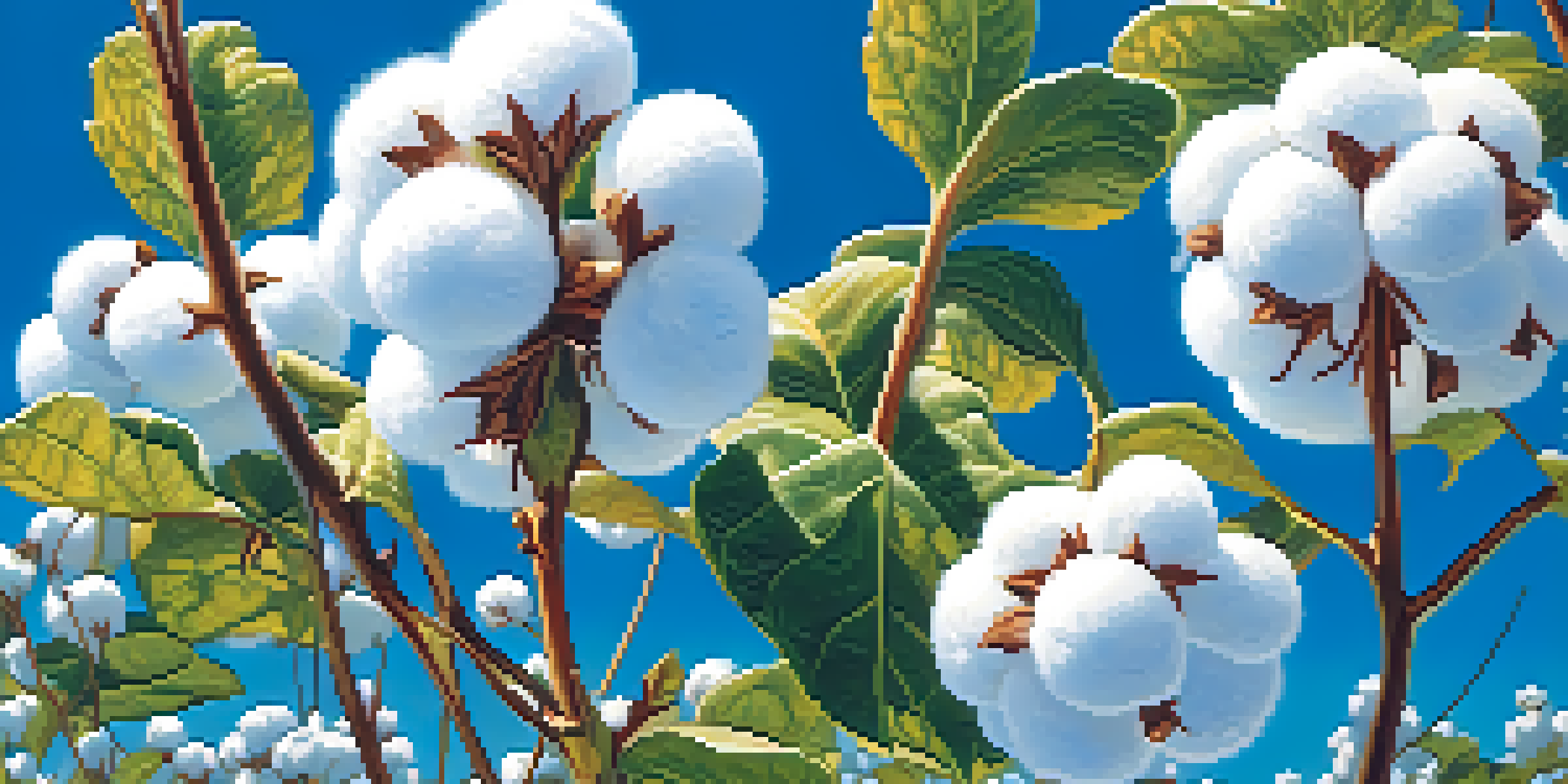 Close-up of organic cotton plants with fluffy white bolls and green leaves under a blue sky.