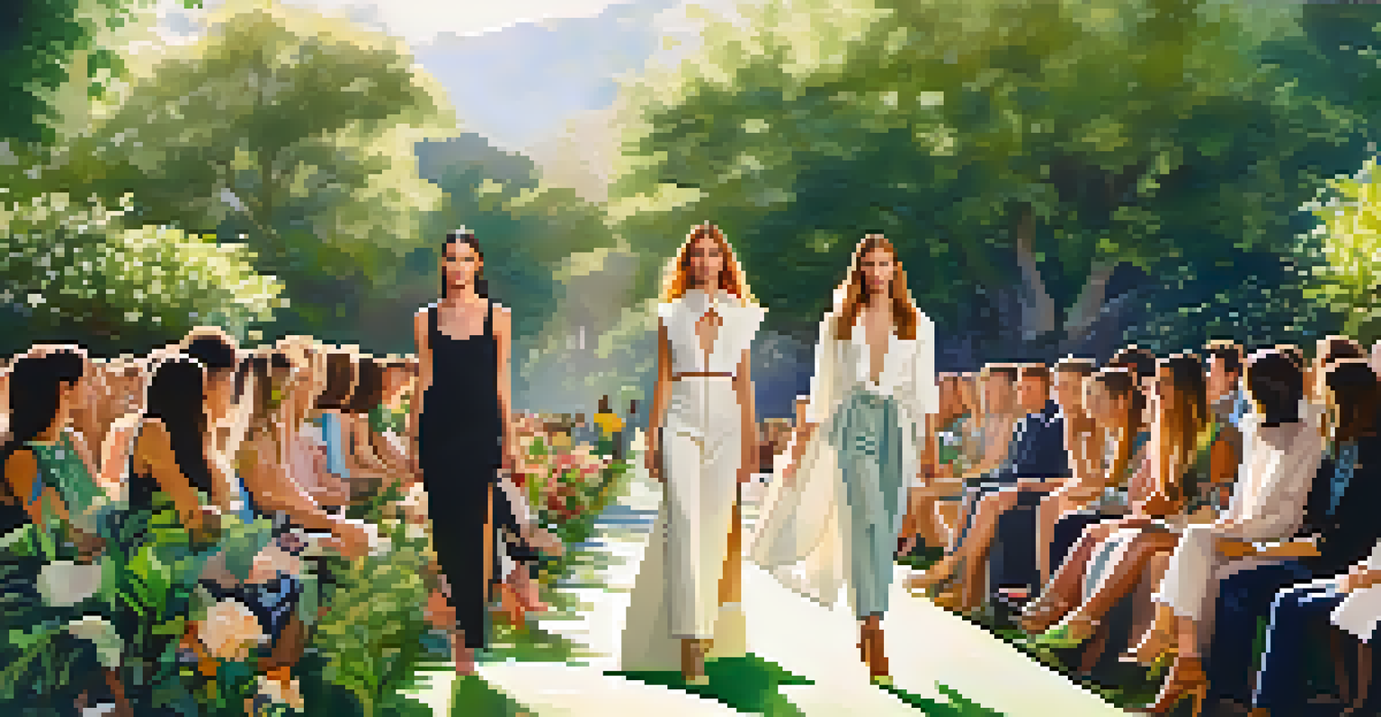 An outdoor fashion show with models of different gender identities wearing eco-friendly outfits amidst a lush garden setting, illuminated by soft afternoon light.