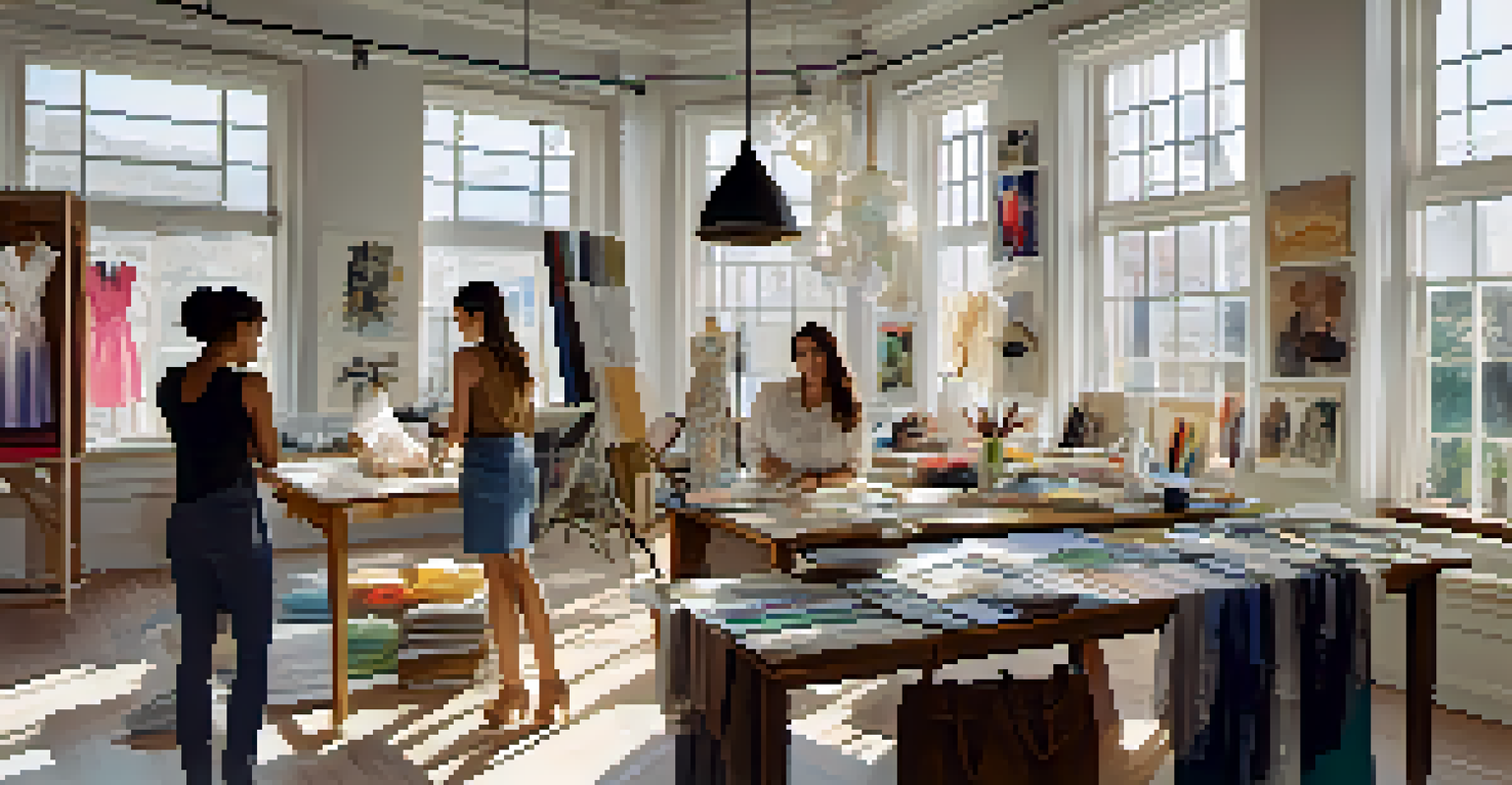 A fashion designer's studio with natural light, showcasing diverse designers collaborating on fabric swatches and sketches.