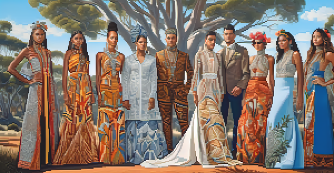 A group of people dressed in colorful Indigenous Australian clothing in a natural outdoor setting, surrounded by trees and a clear sky.
