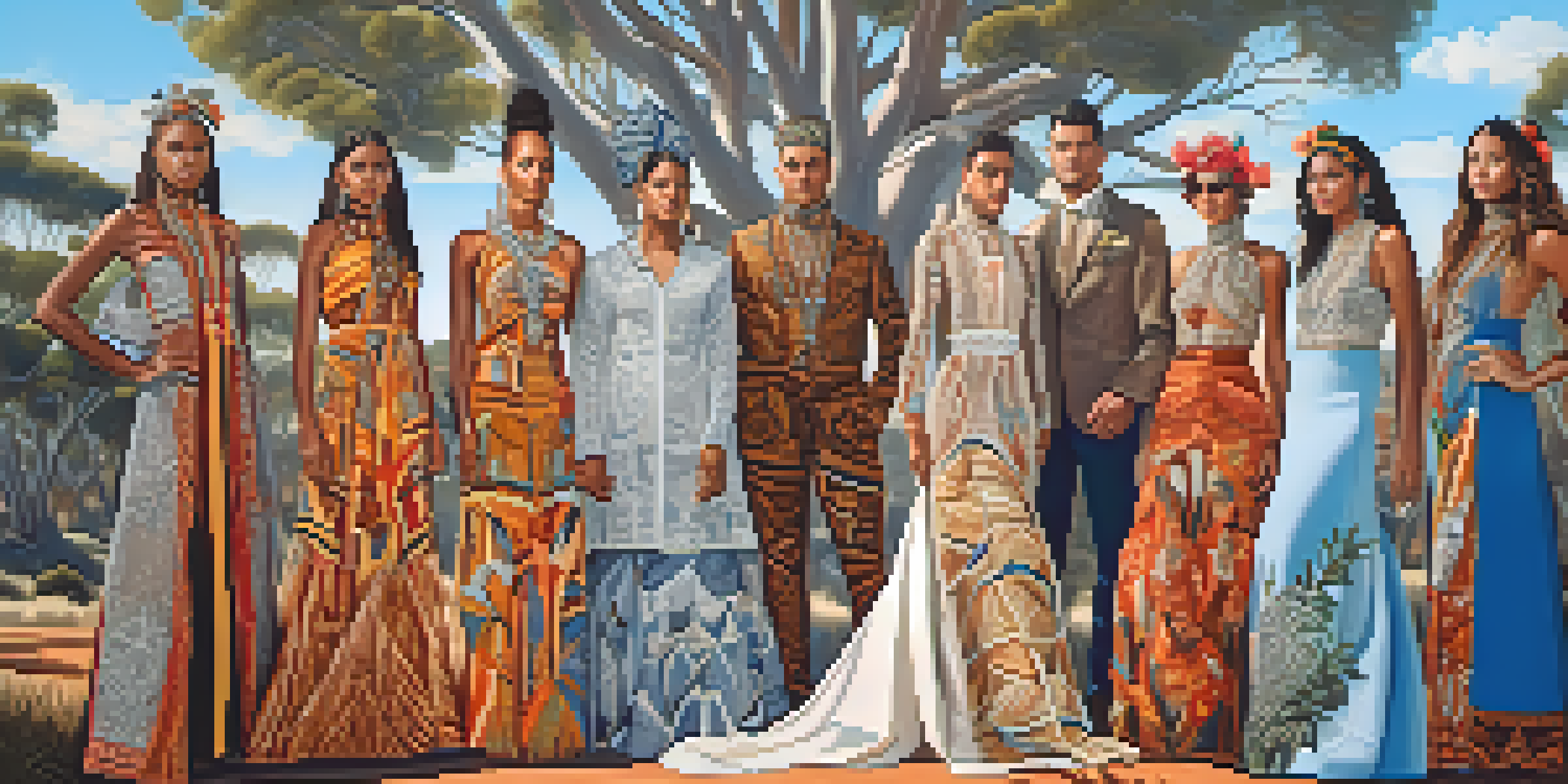 A group of people dressed in colorful Indigenous Australian clothing in a natural outdoor setting, surrounded by trees and a clear sky.