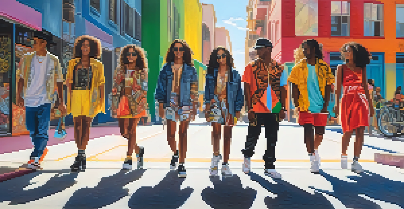 A diverse group of young adults in vibrant outfits stands in an urban setting with graffiti, representing cultural diversity and creativity.