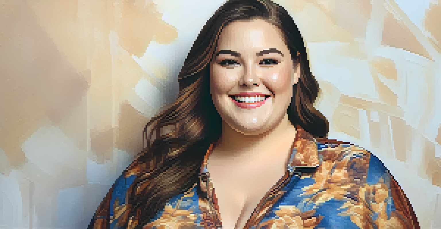 A plus-size model smiling in a fashionable outfit, with a softly blurred background and warm lighting that highlights her features.