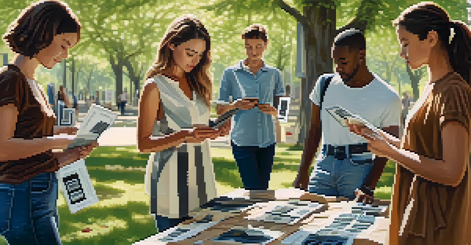 A diverse group of consumers in a park examining clothing tags with QR codes, representing conscious shopping.