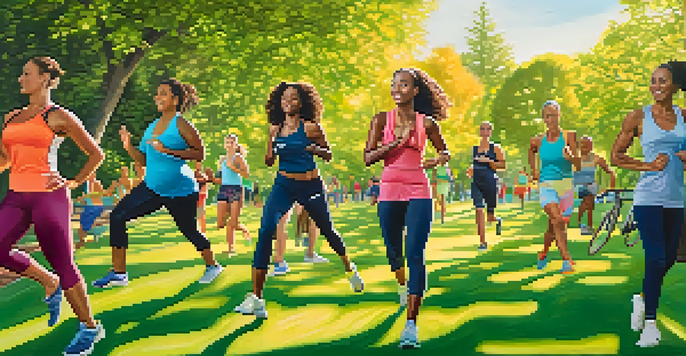 A diverse group of athletes participating in activities like yoga, running, and cycling in a sunny green park, wearing eco-friendly activewear.