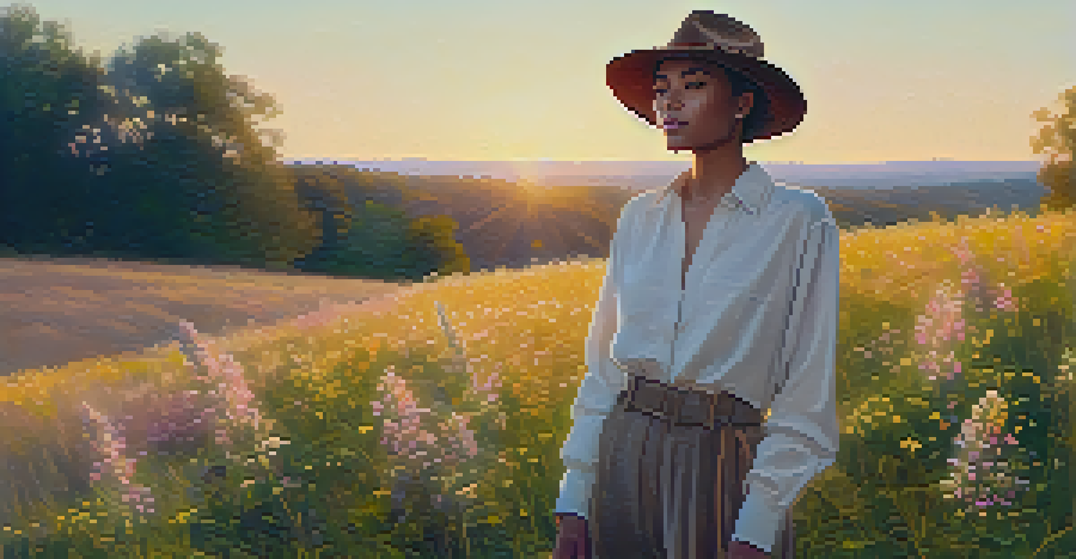 A non-binary individual in a field of wildflowers, wearing a blend of masculine and feminine clothing in soft pastel colors.