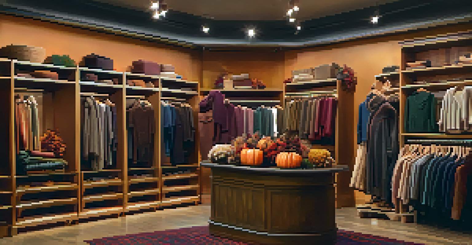 A cozy autumn-themed fashion store interior with rich colors and soft lighting, showcasing sweaters and scarves on wooden racks.