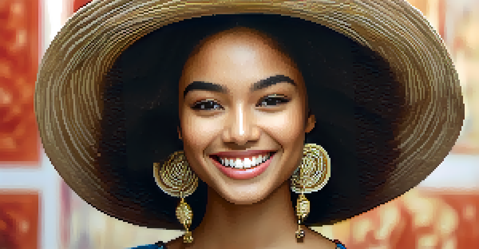 A close-up of a confident fashion model smiling, wearing a trendy outfit with a softly blurred background.