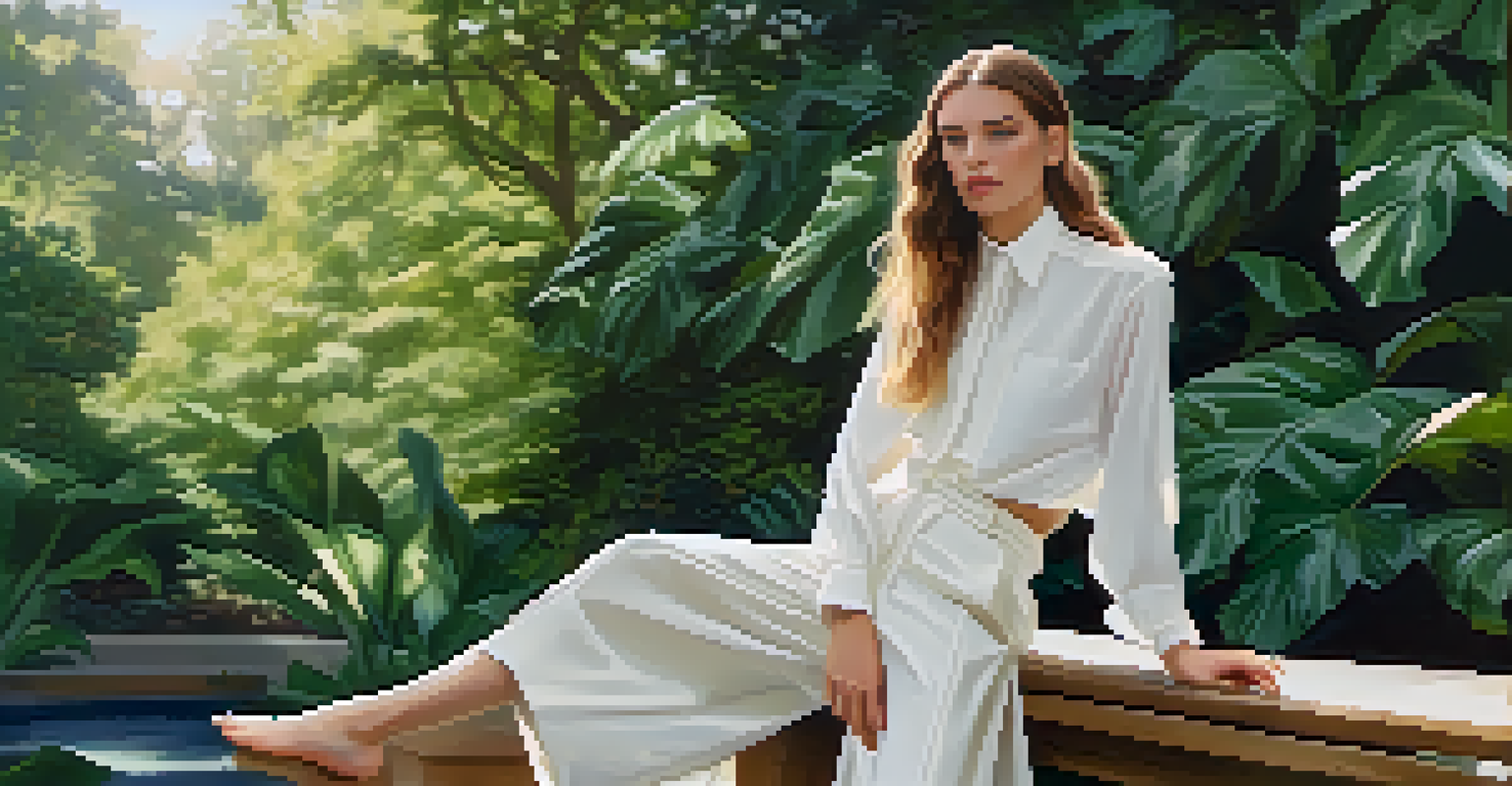 A model in a flowing gender-fluid outfit in a serene outdoor setting, surrounded by greenery, symbolizing inclusivity and modern identity.