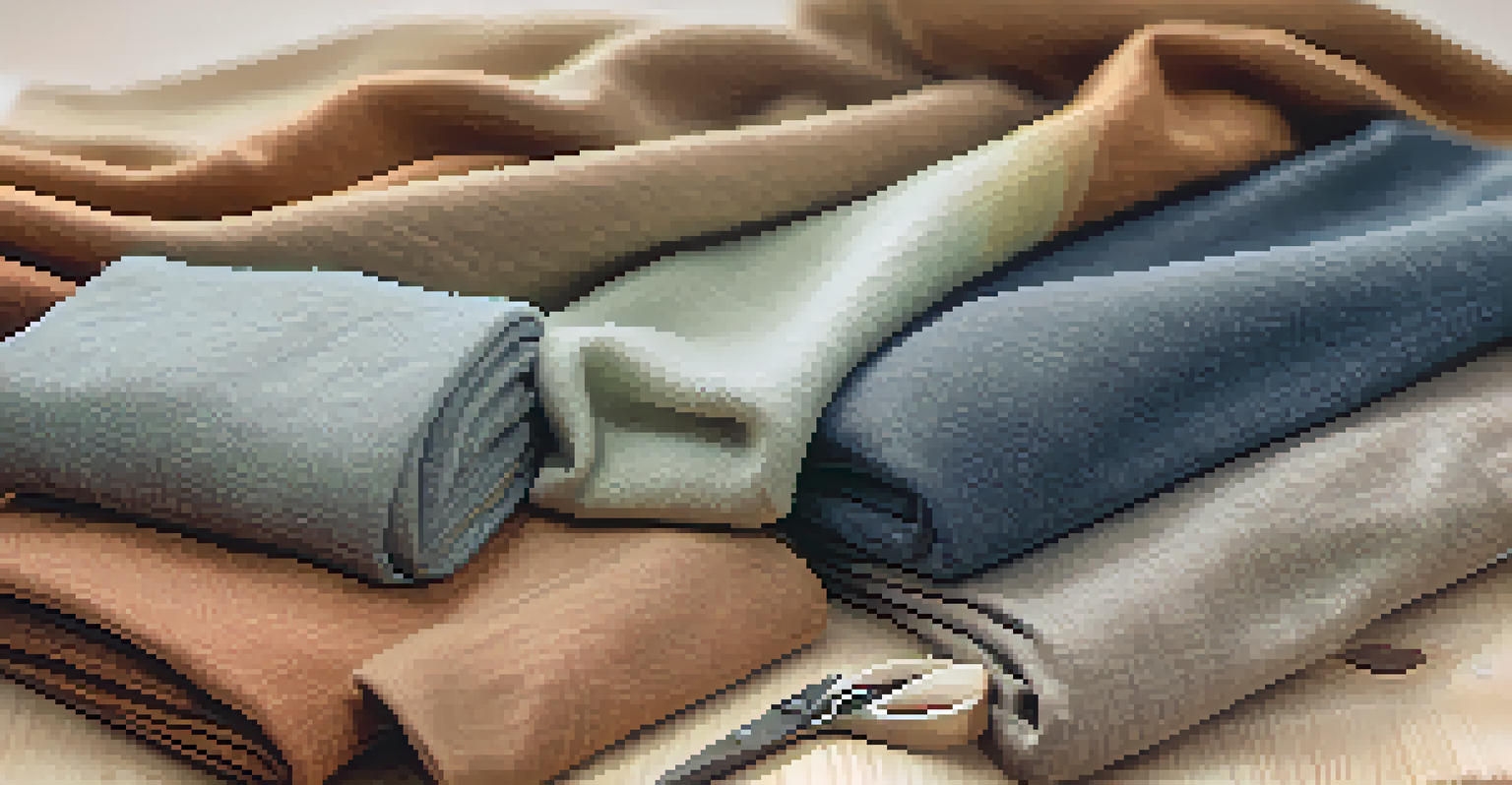 A flat lay of sustainable fabrics such as organic cotton and hemp, arranged in earthy tones with eco-friendly sewing tools.