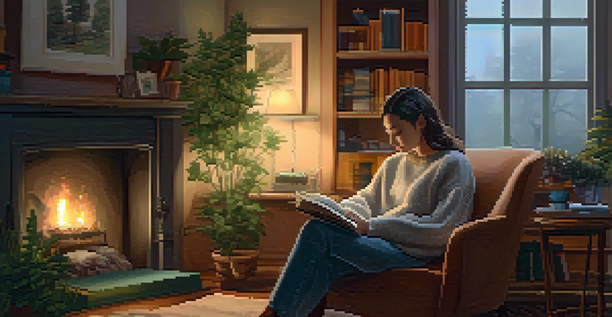 A person in a cozy sweater sitting in an armchair with plants and books around, exuding warmth and comfort.