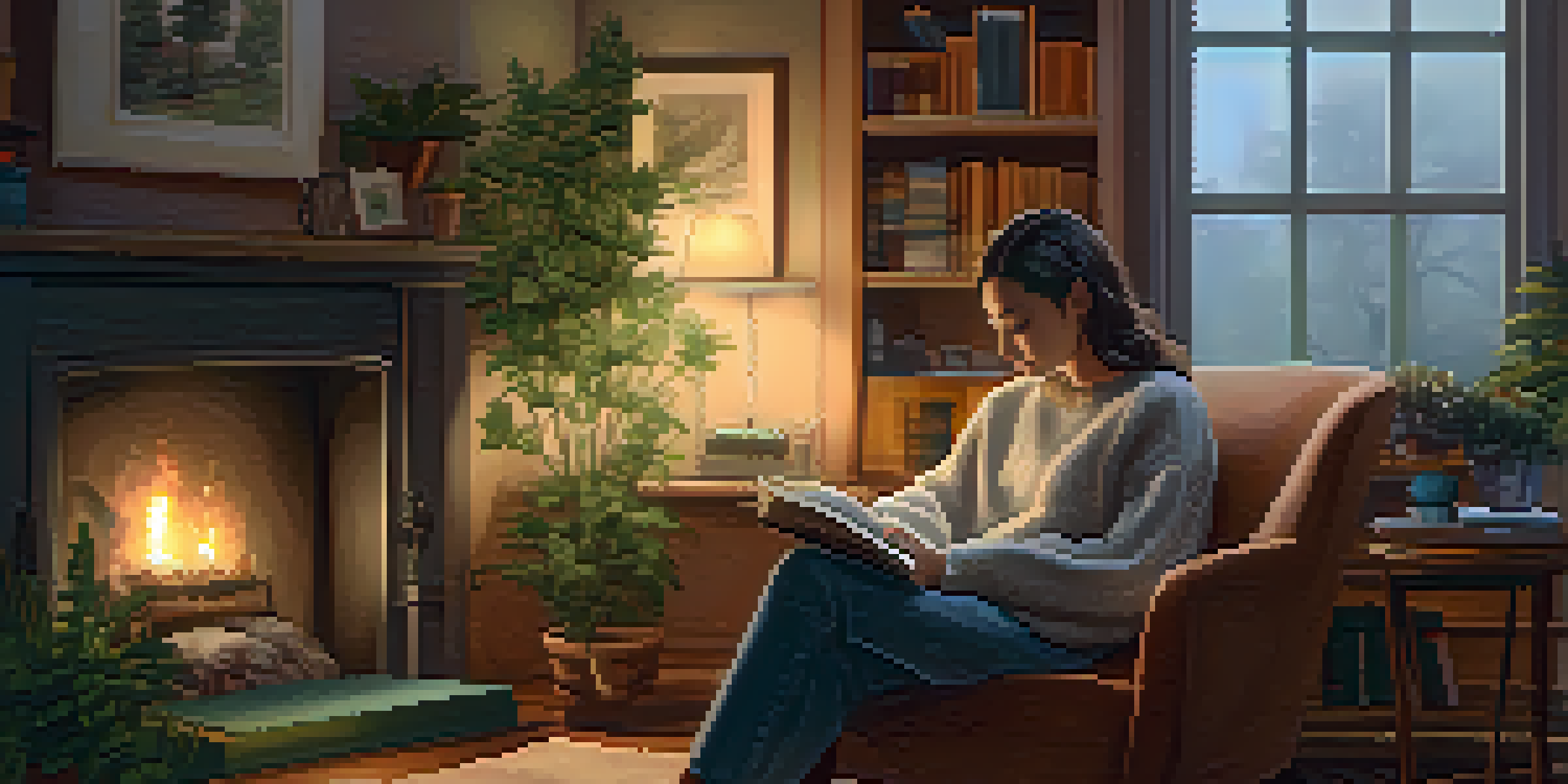 A person in a cozy sweater sitting in an armchair with plants and books around, exuding warmth and comfort.