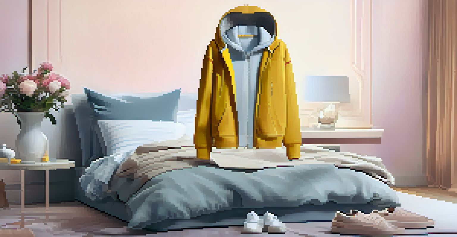 A modern hybrid work outfit laid out on a bed, including joggers, a hoodie, a blazer, sneakers, and accessories.
