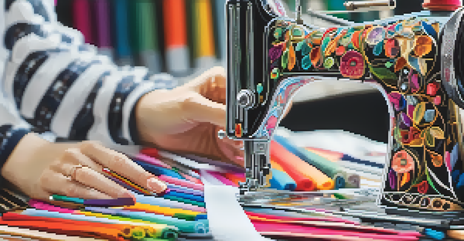 A close-up of hands sewing fabric on a machine, surrounded by tools and colorful threads.