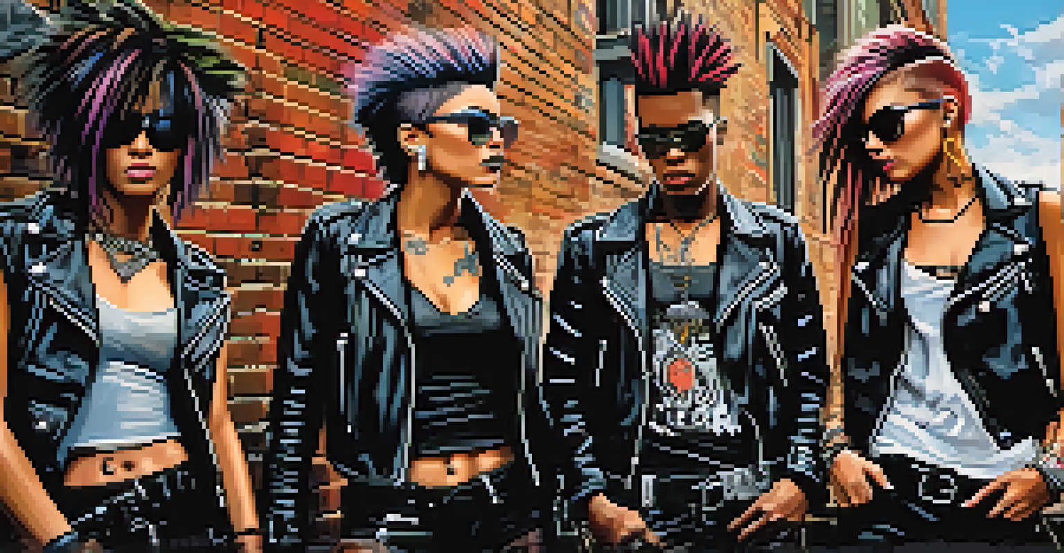 Individuals in punk fashion with torn clothing and leather jackets standing against a graffiti-covered wall, exuding a rebellious attitude in an urban setting.