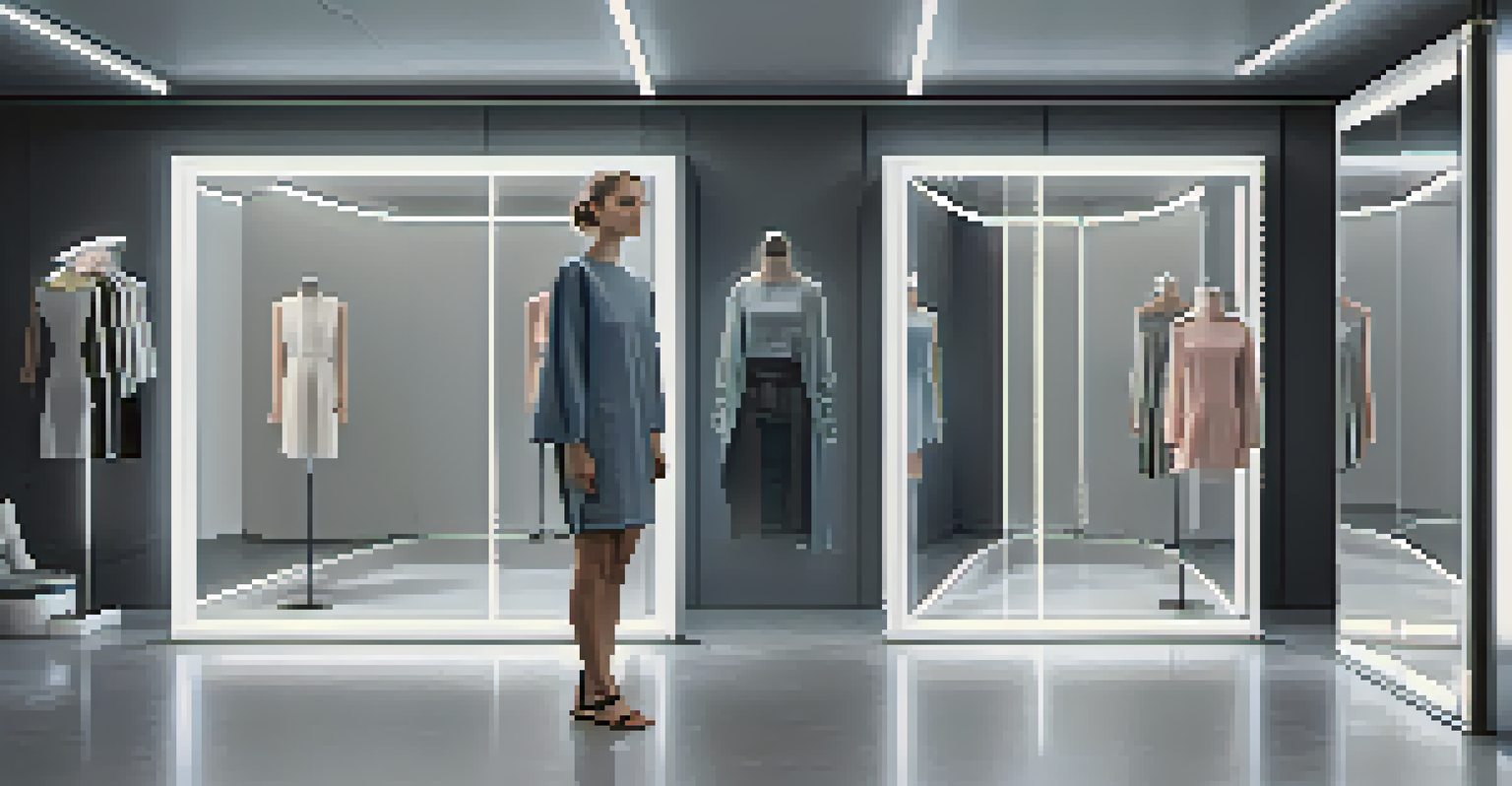 A person using a virtual fitting room to try on AI-generated outfits made from sustainable materials.