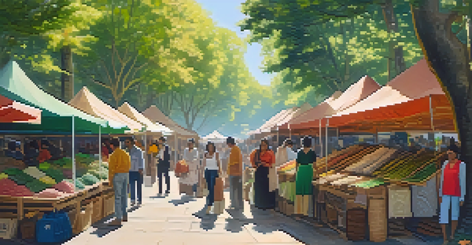 A lively outdoor market featuring stalls of sustainable clothing made from organic materials under a tree canopy, with sunlight filtering through leaves.