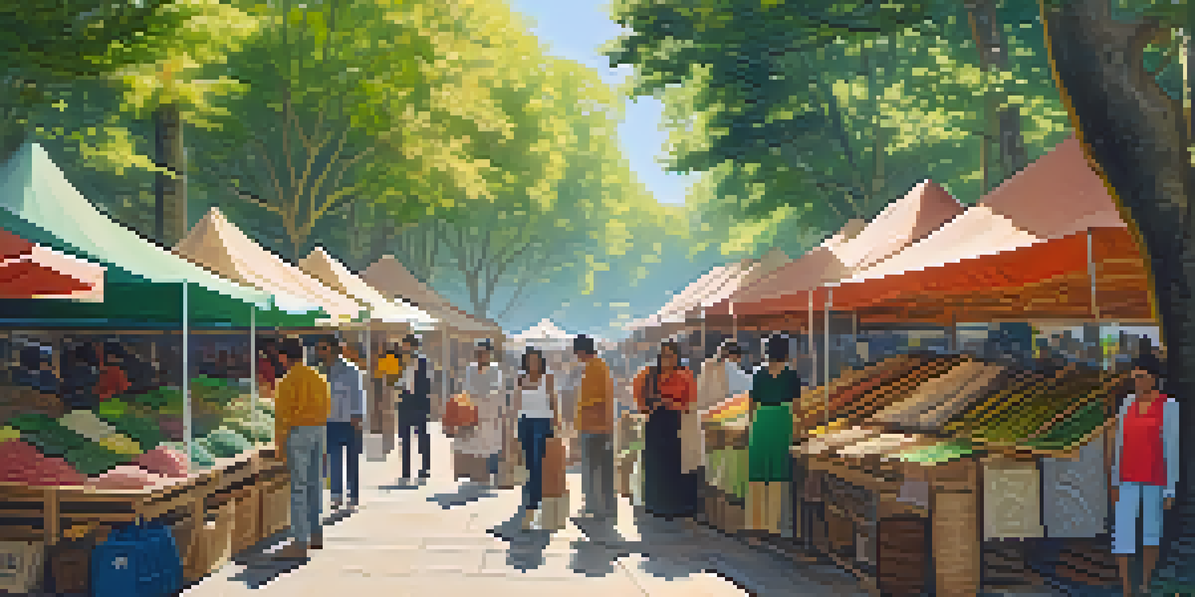 A lively outdoor market featuring stalls of sustainable clothing made from organic materials under a tree canopy, with sunlight filtering through leaves.