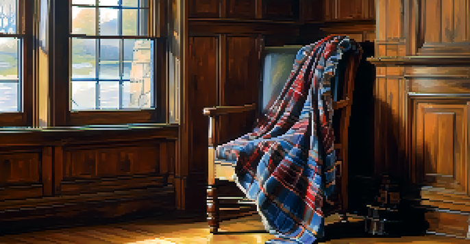 A detailed view of a Scottish kilt on a wooden chair, emphasizing the vibrant tartan patterns and textures in warm light.