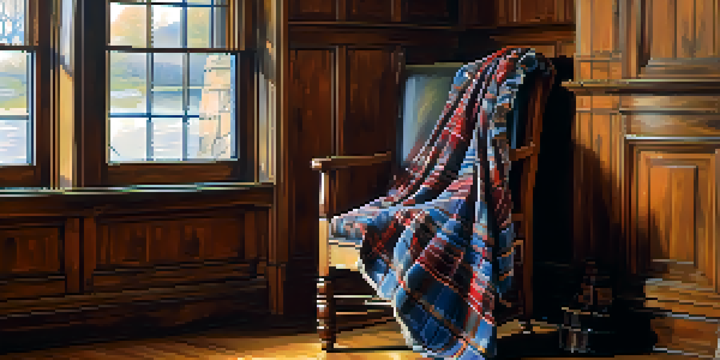 A detailed view of a Scottish kilt on a wooden chair, emphasizing the vibrant tartan patterns and textures in warm light.