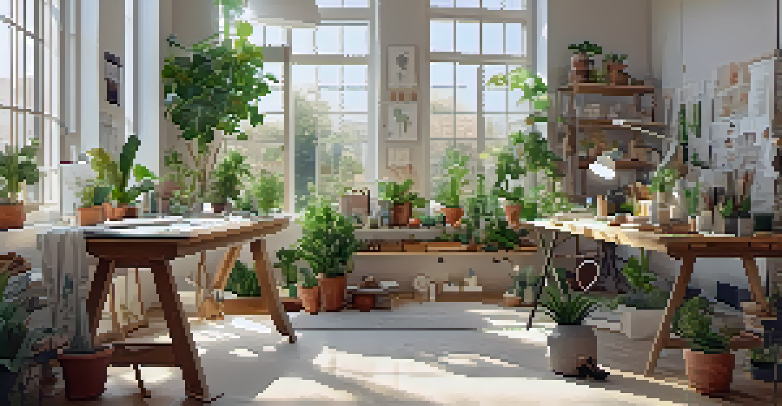 A bright workspace of a sustainable fashion designer, showcasing eco-friendly materials, sketches, and plants in an airy environment.