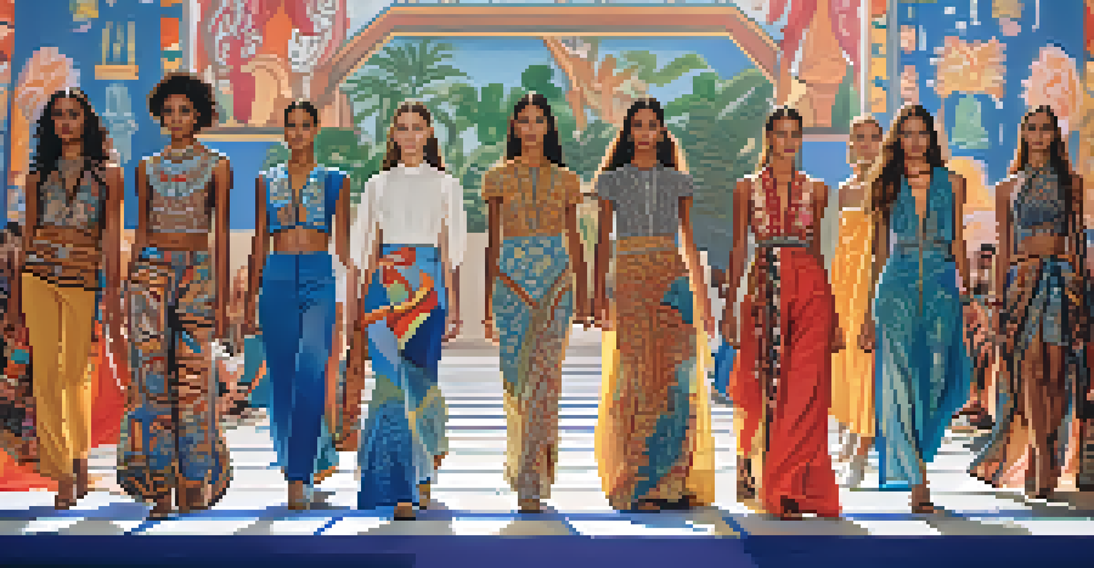 Models walking on a runway displaying cultural heritage fashion designs with vibrant traditional prints.