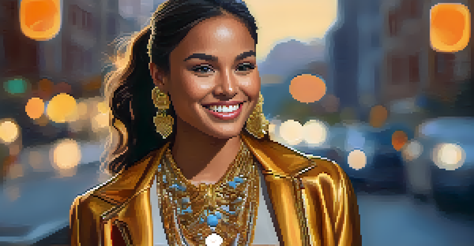 A confident individual smiling in a unique outfit, with a softly blurred background.