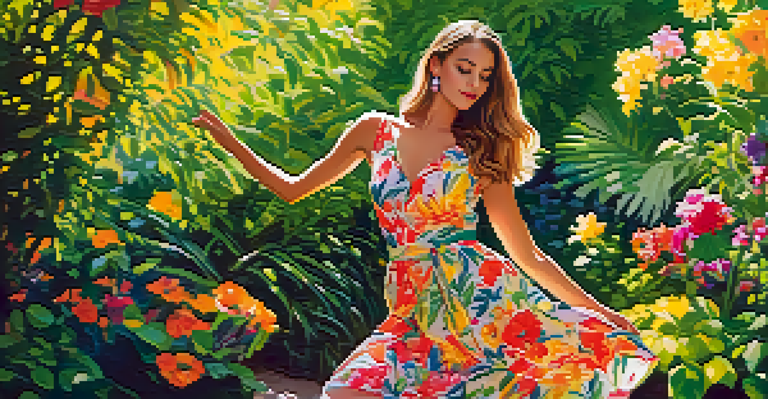 A model in a playful summer dress poses in a vibrant garden filled with blooming flowers.