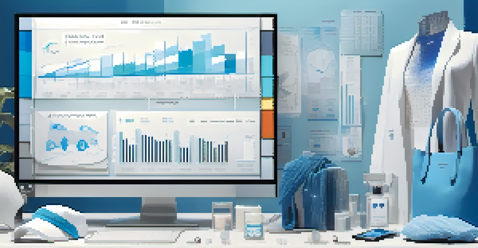 A digital dashboard displaying graphs and charts related to fashion trends, surrounded by stylish clothing items.
